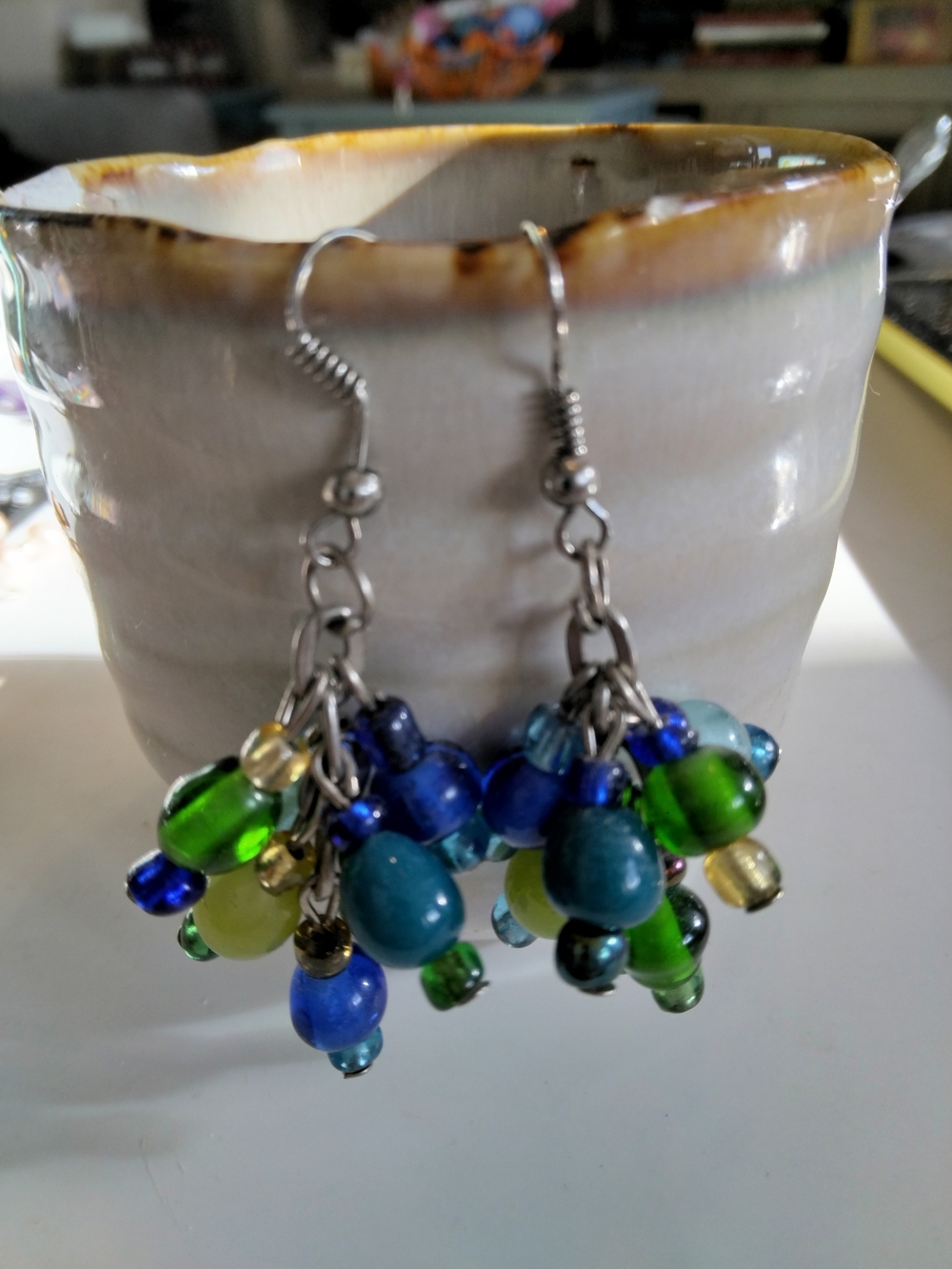 Handmade Cluster Bead Dangle Earrings in Blue & Green